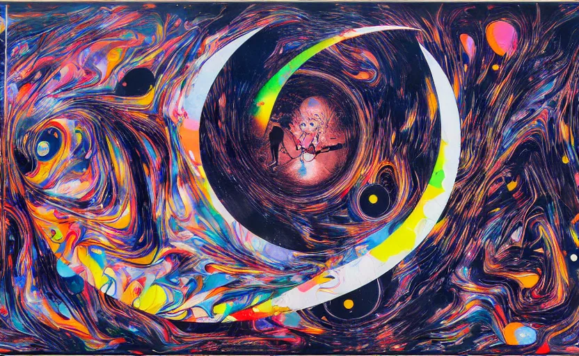 Image similar to decollage painting stillness of motion of the old moon and stars night colorful whirlwinds by adrian ghenie and takato yamamoto and edward hopper and mark ryden and tsutomu nihei, part by bridget riley, acrylic pour and splashing paint, very coherent, baroque elements, perfect anatomy, intricate design. pop art.