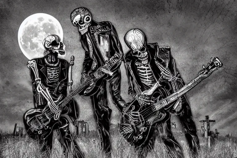 Prompt: skeleton rockers in leather jackets play guitars and drums in the cemetery, rock concert, dark night, full moon, crows on the oak tree, highly detailed digital art, photorealistic