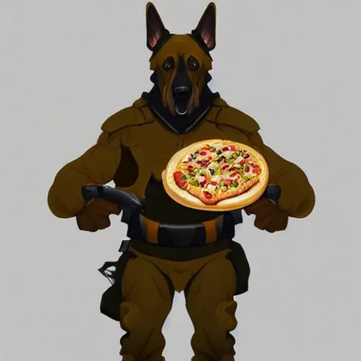 Image similar to a humanoid german shepherd beast - man in military style, holding a slice of pizza, artstation, concept art, smooth, sharp foccus ilustration, artstation