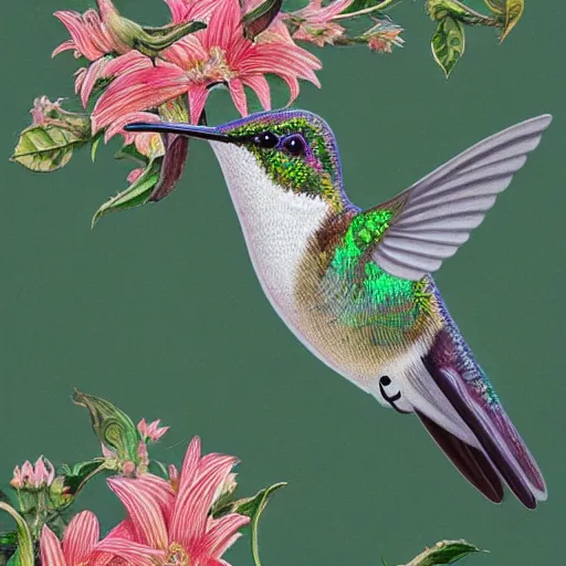 Prompt: hummingbird, background covered with fine floral ornaments, eye - level medium - angle shot, intricate, floral background, by esao andrews, by m. w. kaluta, by yoshita amano, romantic, intricate, natural lighting, smooth, fine art, 3 d octane render, depth perception, 4 k,, artstation