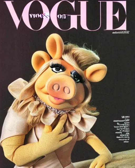 Prompt: miss piggy poses for the cover of vogue magazine