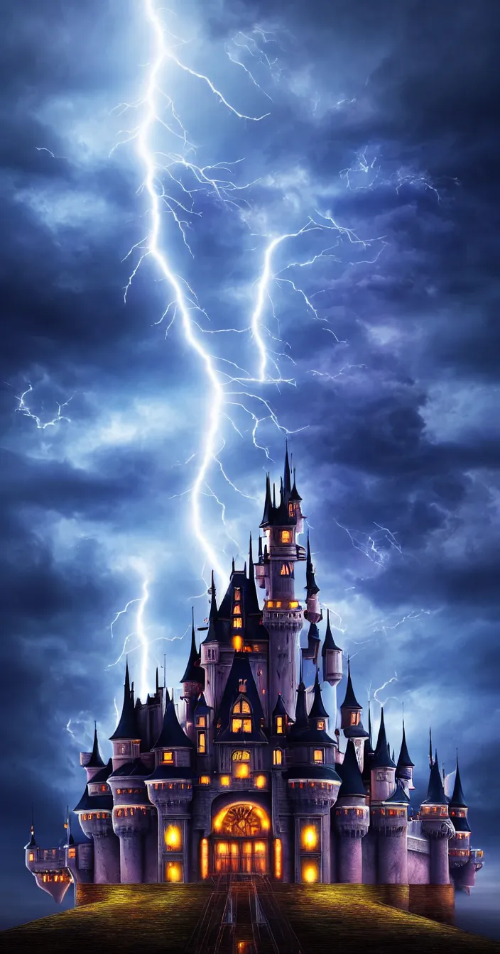 Prompt: realistic photo of lightening strike on futuristic big castle, dark night background, 7 0 % frame covered by castle, sharp focus, wide angle shot, in the style of greg rutswoski, very hyper realistic, highly detailed, fantasy art station