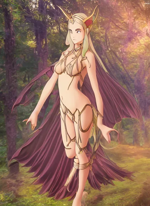 Prompt: an elven goddess, full body perspective painting, anime still illustrated by Madhouse Animations
