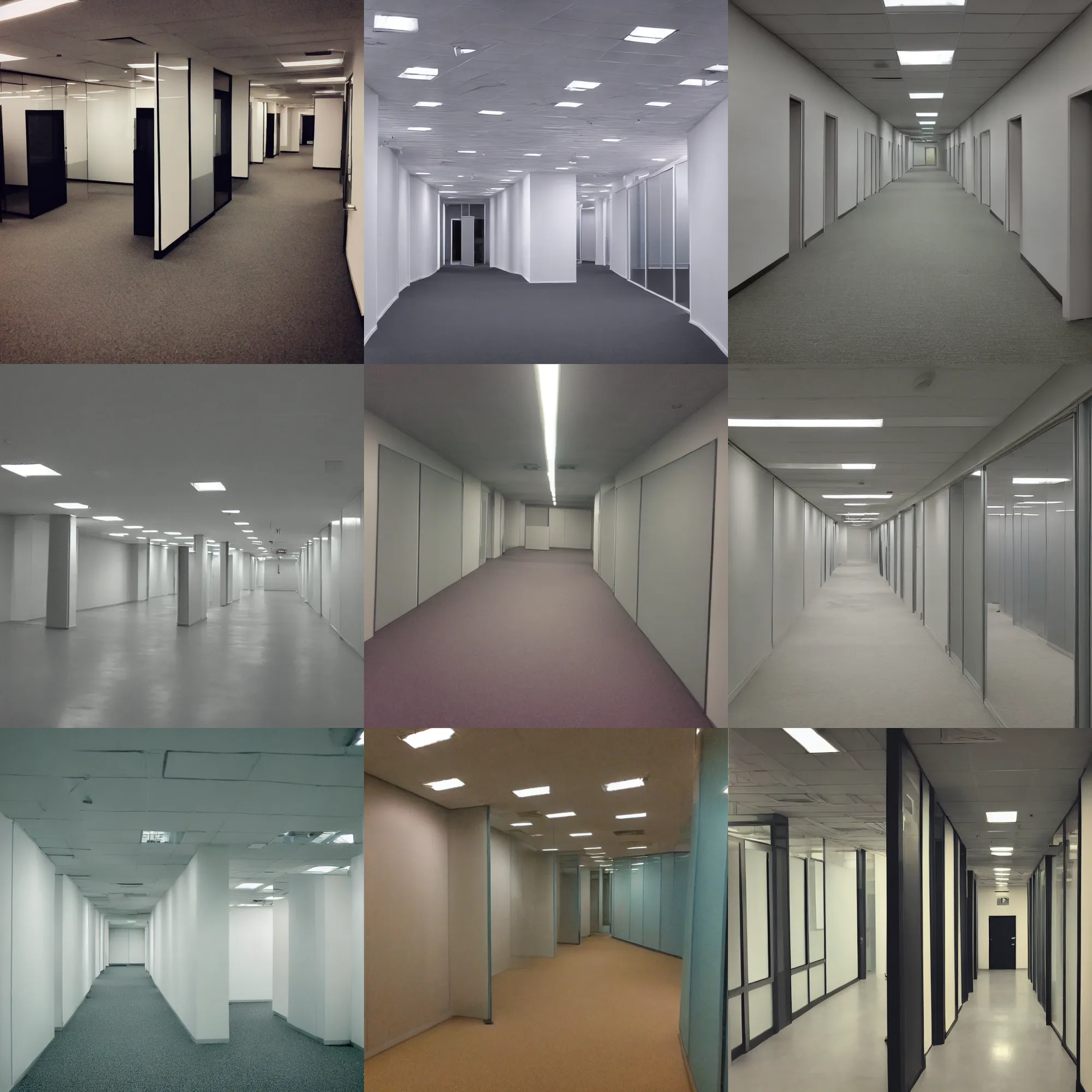 Prompt: a bad quality photograph of a dreamcore looking empty office, backrooms liminal space, infinite corridor, unusual color palette, soft ilumination