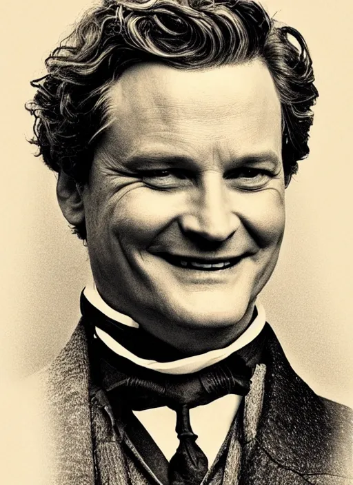 Image similar to colin firth as a victorian politician, smiling, male, victorian, detailed face, highly detailed, cinematic lighting, photograph by elliott & fry