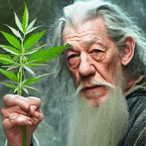 Prompt: Ian McKellen as gandalf holding a marijuana plant, photorealistic, detailed face, cinematic