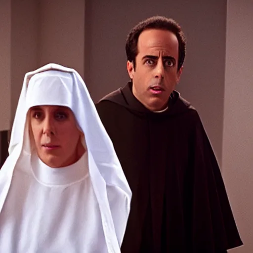 Prompt: jerry seinfeld as a nun, movie still