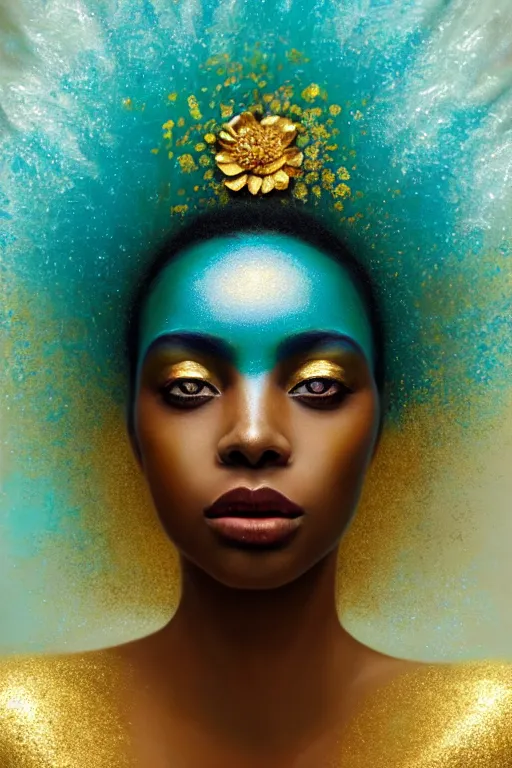 Image similar to hyperrealistic post - symbolist cinematic very beautiful! oshun goddess with white eyes, yoruba body paint, dripping mirror droplet armor, gold flowers, highly detailed digital art masterpiece, smooth etienne sandorfi eric zener dramatic pearlescent soft teal light, ground angle uhd 8 k, sharp focus