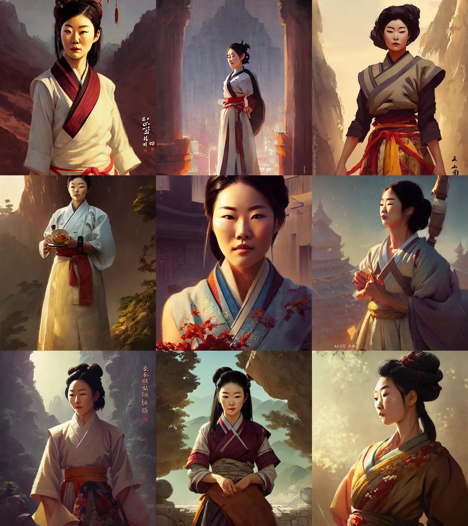 Prompt: a portrait of arden cho chef character in a scenic korean city environment by marco bucci and greg rutkowski and frank frazetta sharp focus, detailed, cinematic, hanbok