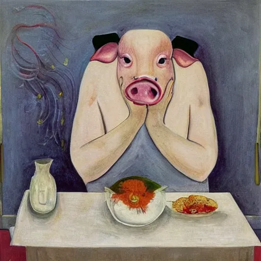 Prompt: “a portrait in an art student’s apartment, a feminine pig sitting at a dining table, pork, ikebana white flowers, white wax, squashed berries, acrylic and spray paint and oilstick on canvas, by munch and Dali”