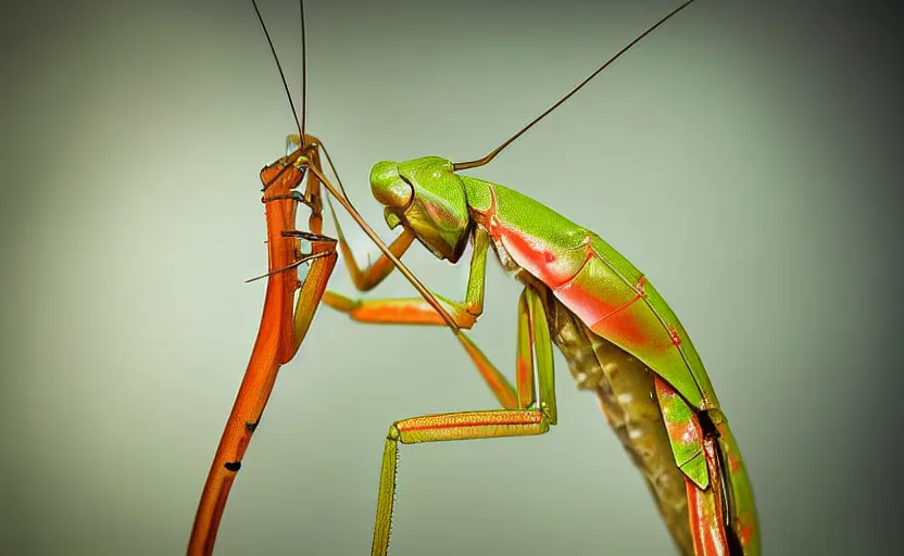 Image similar to extremely detailed macro photograph of a praying mantis, blur, glare, veins, transparency, bubbles, professional photography, studio, microscope