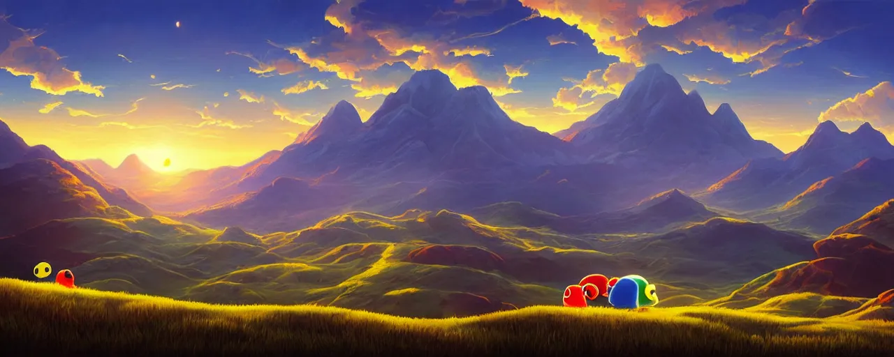 Image similar to detailed round pacman, with ghosts, in a beautiful nature landscape with clouds, mountains, in background, sunset, by rhads, pacman