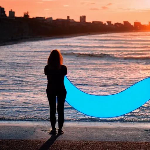 Image similar to a woman facing a blue wormhole on the street, which shows a beach at sunset