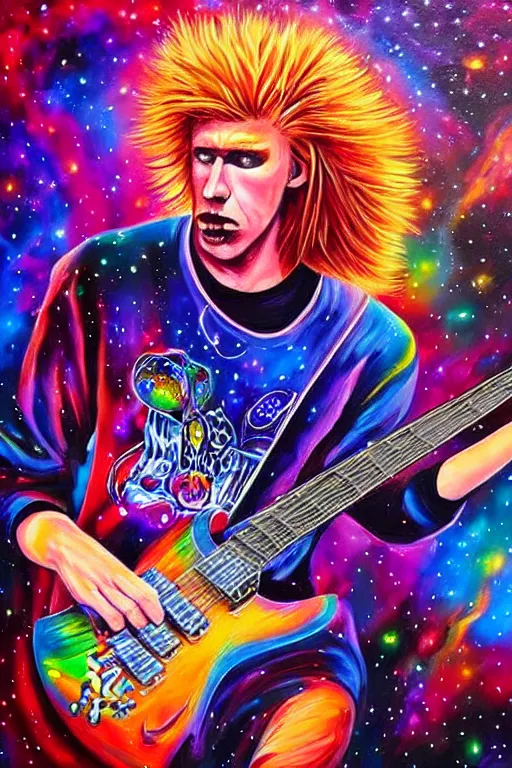 Image similar to beautiful detailed acrylic painting of a psychedelic and hardcore dave munstaine play music in the cosmos