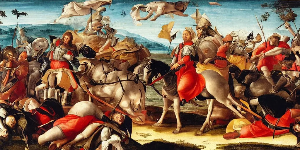 Image similar to renaissance-style painting of knights riding orcas on a battlefield in Italy, very dramatic atmosphere,