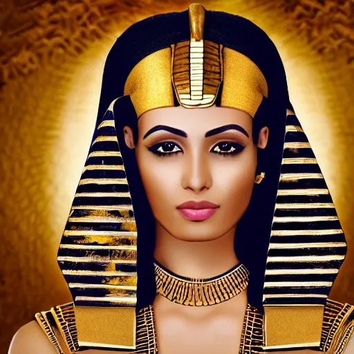 Image similar to photograph of an egyptian woman, gold face chains, chains, egyptian clothing, gold patterns, black clothing, elegant, fancy, rich, character design, costume, egyptian, arabian, dune, desert