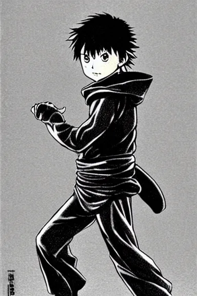 Image similar to attractive little boy wearing an ninja suit, black and white artwork made by kentaro miura and yoshihiro togashi