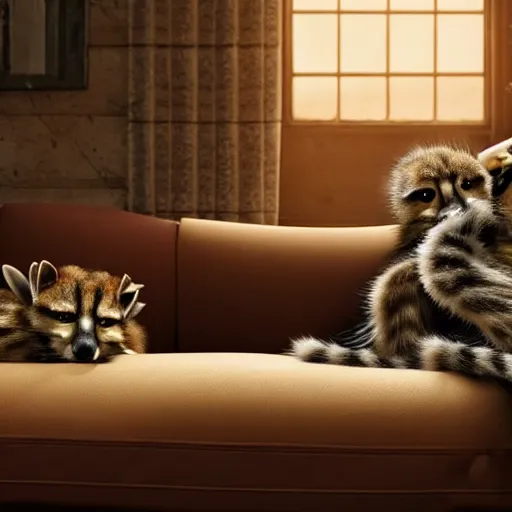 Prompt: A scene from a 2022 Marvel film featuring a humanoid genet reading on a couch. An anthropomorphic genet. 8K UHD.