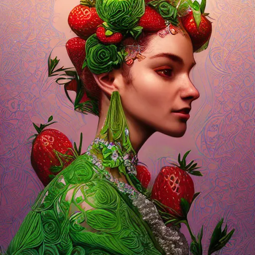 Image similar to the portrait of an absurdly beautiful, graceful, elegant, sophisticated, fashionable ethnic woman made of strawberries and green petals looking up, an ultrafine hyperdetailed illustration by kim jung gi, irakli nadar, intricate linework, bright colors, octopath traveler, final fantasy, unreal engine 5 highly rendered, global illumination, radiant light, detailed and intricate environment