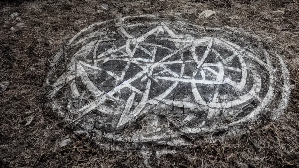 Prompt: close look at a sigil scribbled on the ground and the sigil shining white, inside a haunted destroyed house, trending on artstation, wide view, cinematic view, cinematic, 8 k, digital photo, unreal engine, colored paint, colorful paint, scary style