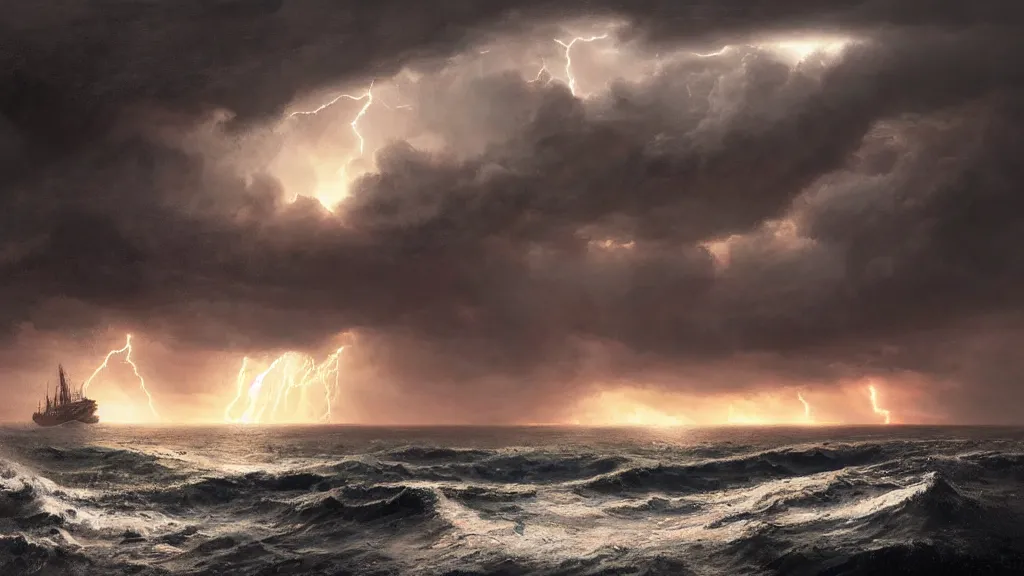 Prompt: small boat in the left foreground, giant massive kraken rising out a stormy ocean in the right background, lightning in background, intricate, detailed, volumetric lighting, sharp focus, scenery, digital painting, highly detailed, concept art, ruan jia, steve mccurry