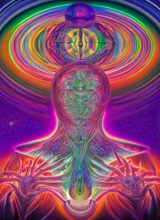 Image similar to humankind transcendence into collaborative intelligence, group intelligence, ai, by alex grey, album cover, award winning, beautiful, colorful, volumetric lighting, trending on artstation