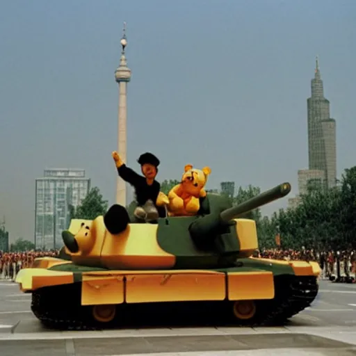 Image similar to Winnie the Pooh riding a tank in Tiananmen square, June 5, 1989, hyperrealistic, photorealistic, ultra hd, 4k, award-winning, cinematic lighting, historic, ominous