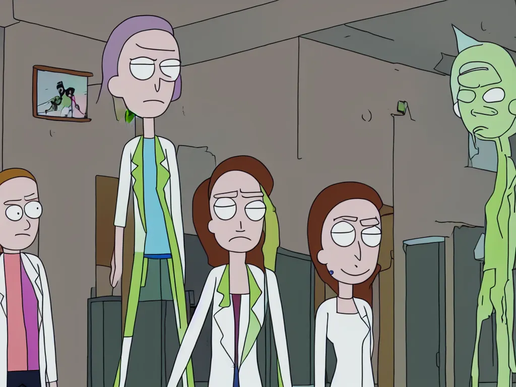 Image similar to a still from a female version of rick and morty