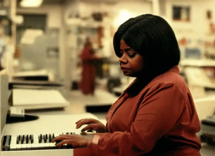 Image similar to cinematic shot of octavia spencer in an small used electronics store hands on an old electronic keyboard, iconic scene from the paranoid thriller sci fi film directed by stanley kubrick, anamorphic cinematography, beautiful composition, color theory, leading lines, photorealistic, moody volumetric light