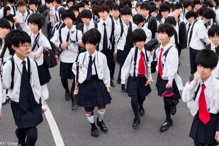 Image similar to japanese middle school boys wearing school uniforms at shibuya crossing, red weapon 8 k s 3 5, cooke anamorphic / i lenses, highly detailed, cinematic lighting