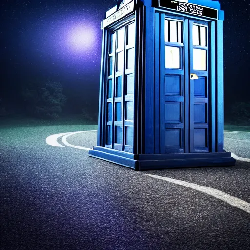 Image similar to A hyperdetailed photograph of the TARDIS sat on a futuristic street corner, night, dense fog, rain, HD, 8K resolution