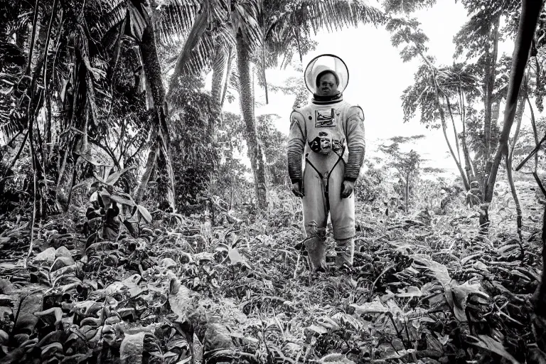 Prompt: a colonial closeup photograph of a Astronaut in a village at the river bank of Congo , Thick jungle, scary, evil looking, wide angle shot