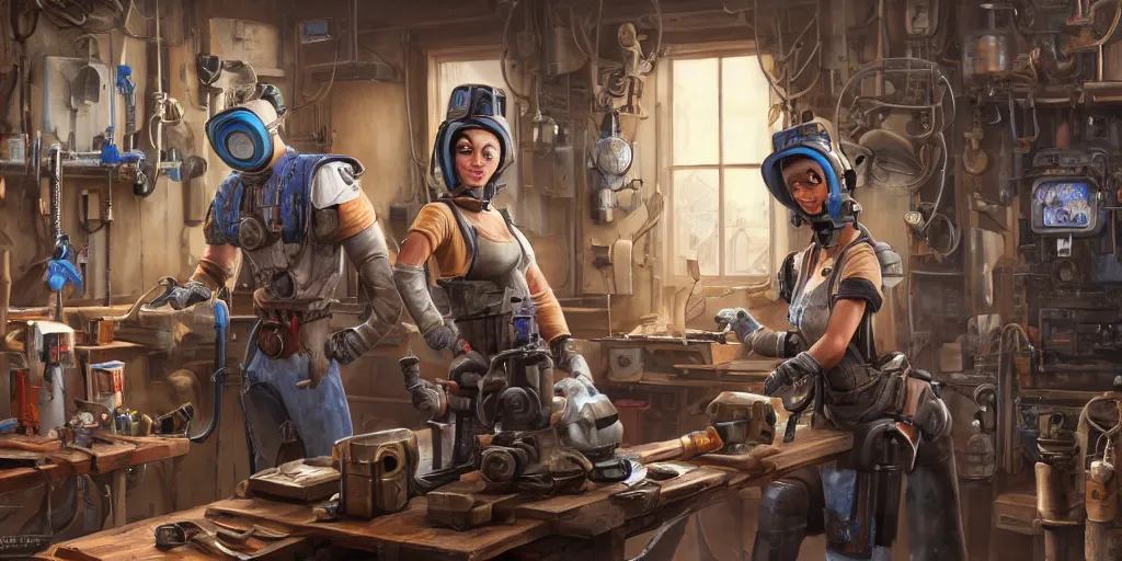 Image similar to highly detailed portrait painting of welder and angelina joile posing, mono eye window, workbench, symmetrical perfect eyes, by eddie mendoza and tyler edlin, 8 k resolution