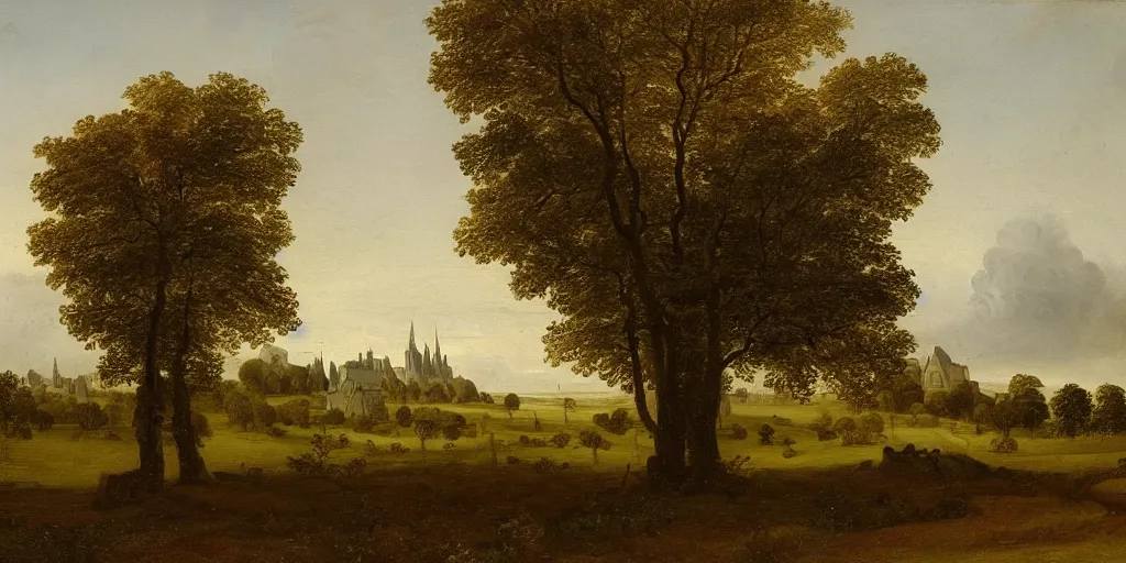 Prompt: a beautiful landscape painting of a giant tree next to a church in the fields, by jan van goyen, oil on canvas, highly detailed, hd, 4 k