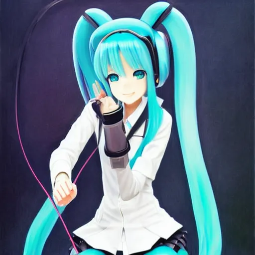 Image similar to hatsune miku using computer, smug face, painting by by ralph grady james, jean christian biville