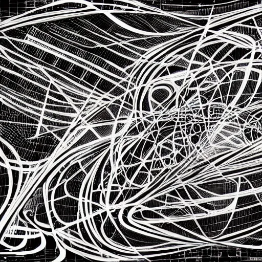 Prompt: abstract black and white concept art graphic painting illustrating neural network, overcomplicated, math inspired, hyper detailed, psychodelic, creepy