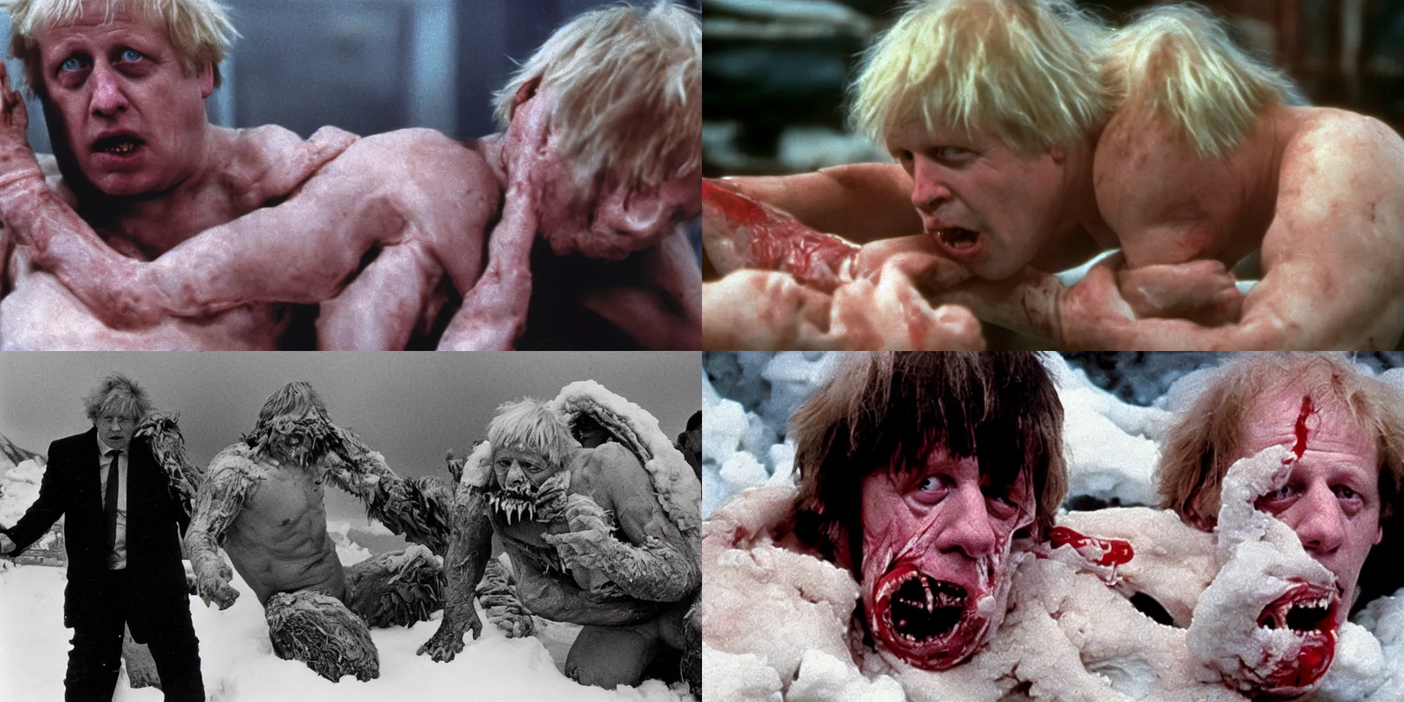 Prompt: boris johnson body horror in the thing ( 1 9 8 2 ) directed by john carpenter, limb mutations, swollen veins, red flesh strings, antarctica, snow, flamethrower, cinestill 8 0 0 t, 1 9 8 0 s movie still, film grain