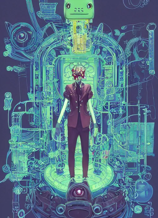 Image similar to an art nouveau kawaii gouache painting, by yoshitaka amano, by Victo Ngai, by shaun tan, by good smile company, detailed anime 3D render of an attractive male modular mechanical android, portrait, cgsociety, by Peter Mohrbacher, modular mechanical costume and headpiece, futuristic setting, gel lighting neon glow