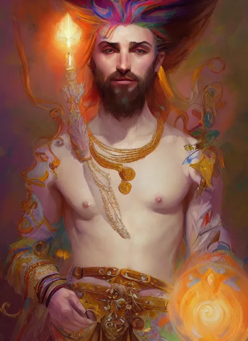 Image similar to a beautiful detailed painting of a gypsy male bard in colorful rainbow firion ornate robes robes, pale skin, white hair, master of dreams art by jon foster trending on artstation painted by greg rutkowski, painted by peter mohrbacher