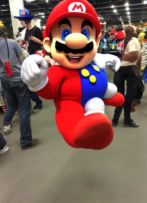 Prompt: bad super Mario cosplay photo, comic con