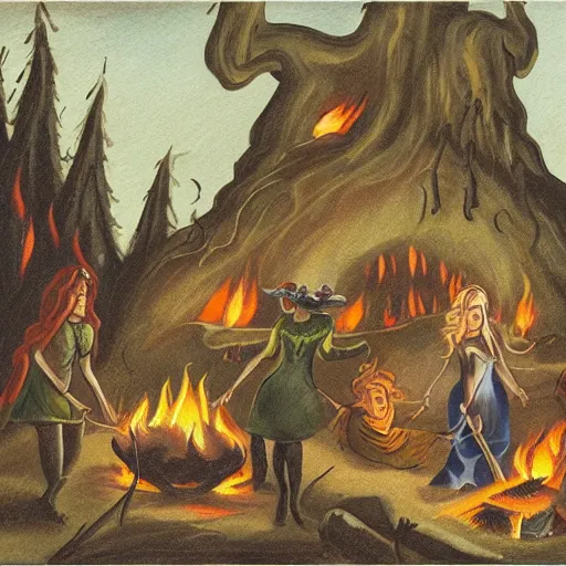 Prompt: a witches coven around a fire in a cave