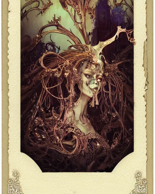 Image similar to a beautiful detailed front view of a dead rotten princess growing ornate baroque, ornamentation, elegant, beautifully soft lit, by wayne barlowe, peter mohrbacher, kelly mckernan, polaroid photography