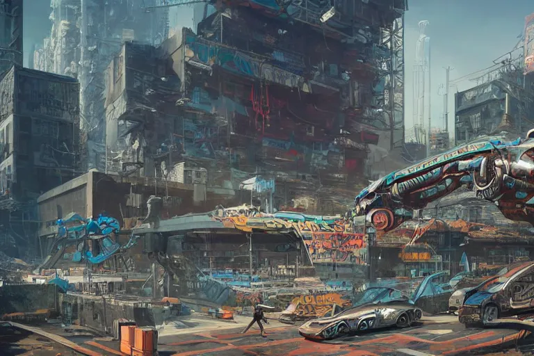 Prompt: hyperrealistic matte painting of futuristic robot quetzalcoatl, in a cyberpunk future environment with flying cars, mechanical features and graffiti, scaffolding, smog, destruction by eddie mendoza, beeple, 4 k, trending on cgsociety