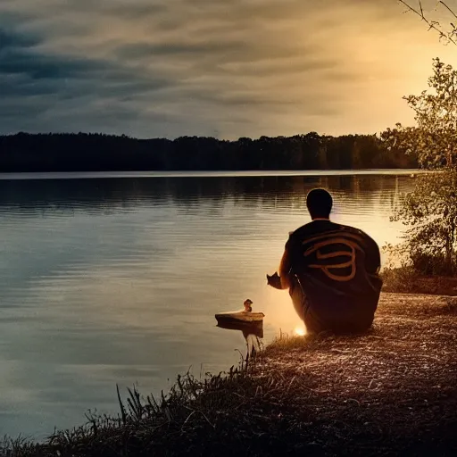 Prompt: a man sits by a lake, throwing pieces of his life into a bonfire. a great shapeless thing of darkness is drawn across the water to the light.