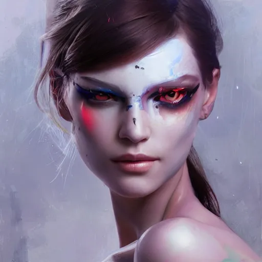 Prompt: A masterpiece portrait of a Incredibly beautiful half slightly damaged robot girl Combat makeup. Vogue. trending on artstation, digital art, by Stanley Artgerm Lau, WLOP, Rossdraws, James Jean, Andrei Riabovitchev, Marc Simonetti, Yoshitaka Amano