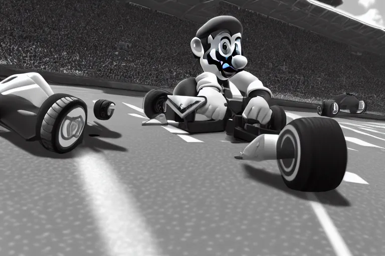 Prompt: gigachad in mario kart, ingame screenshot, black and white, high detailed