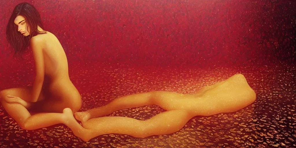 Image similar to Emily Ratajkowski with beautiful face and full body laying in a blood red pool of water between a bright golden glowing mirror frame, outside is space and inside the mirror frame is a beautiful landscape. Hyperrealistic surreal 4K IMAX Rene Margritte intricate, elegant, highly detailed, digital painting, artstation, concept art, smooth, sharp focus, illustration, art by artgerm and greg rutkowski and alphonse mucha