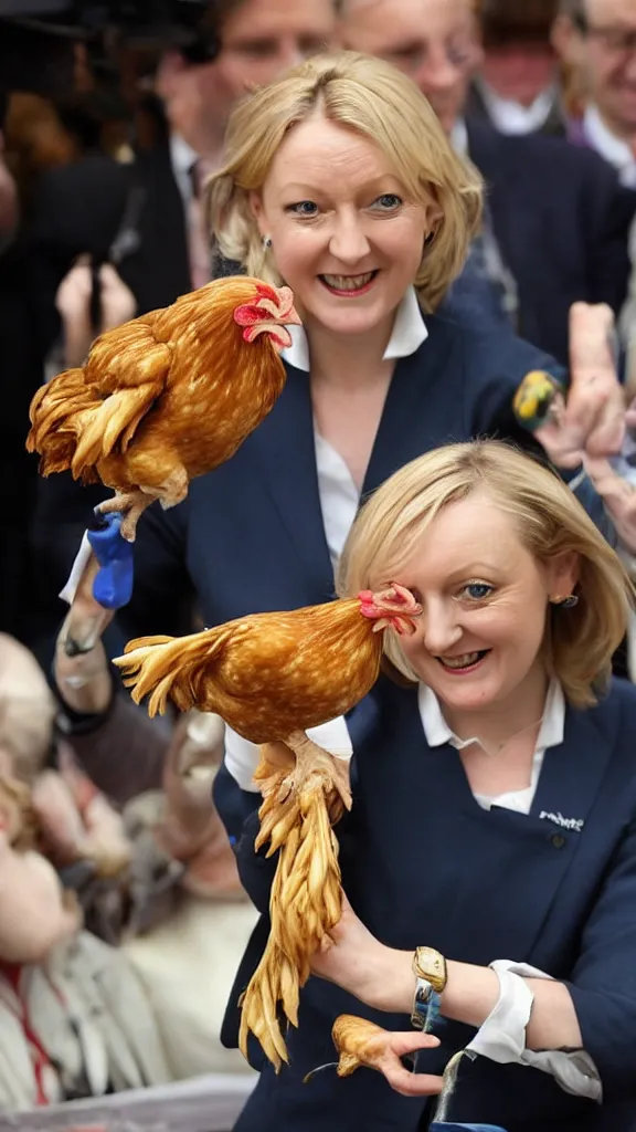 Image similar to liz truss, trussing a chicken