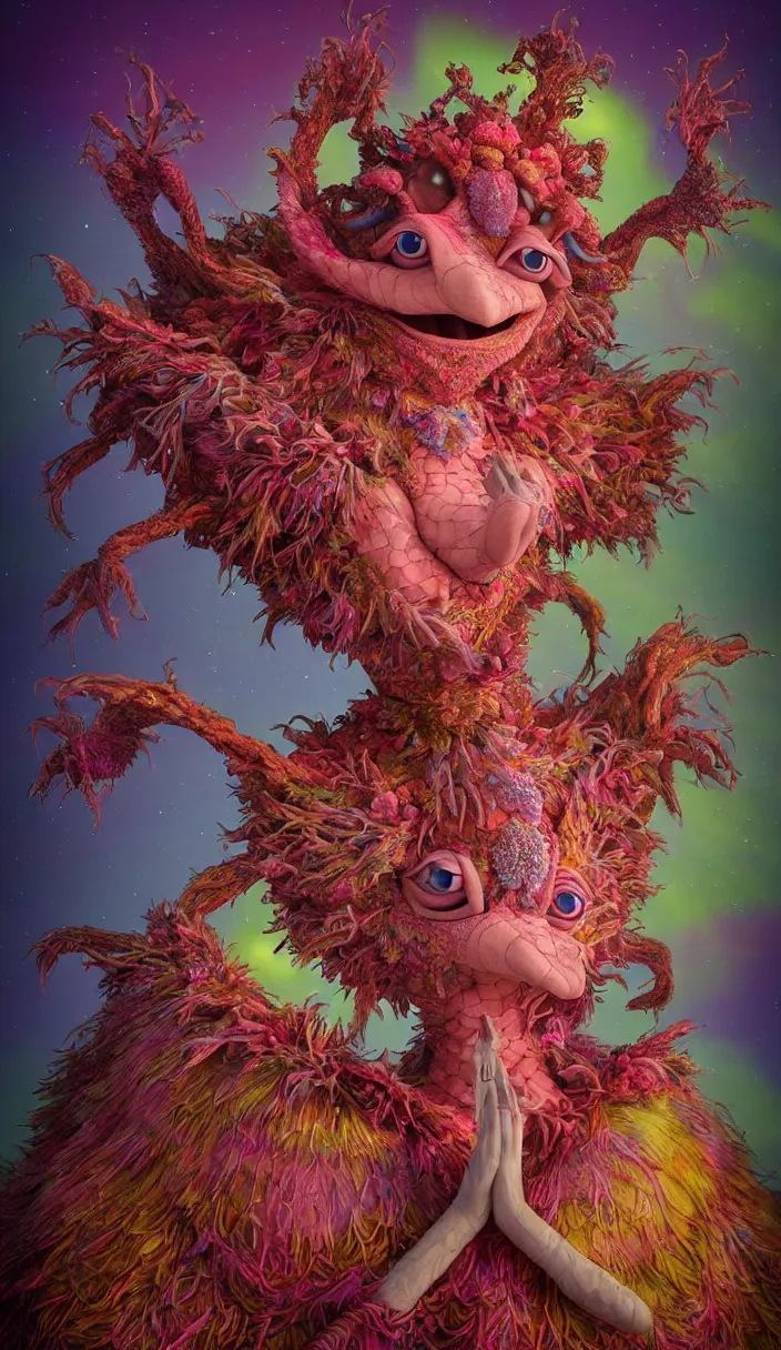 Prompt: hyper detailed 3d render like a Oil painting - kawaii portrait of solitary Aurora (a beautiful skeksis muppet fae queen from dark crystal that looks like Anya Taylor-Joy) seen red carpet photoshoot in UVIVF posing in scaly dress to Eat of the Strangling network of yellowcake aerochrome and milky Fruit and His delicate Hands hold of gossamer polyp blossoms bring iridescent fungal flowers whose spores black the foolish stars by Jacek Yerka, Ilya Kuvshinov, Mariusz Lewandowski, Houdini algorithmic generative render, Abstract brush strokes, Masterpiece, Edward Hopper and James Gilleard, Zdzislaw Beksinski, Mark Ryden, Wolfgang Lettl, hints of Yayoi Kasuma and Dr. Seuss, octane render, 8k