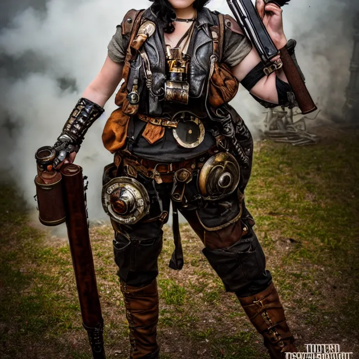 Prompt: full length photo of a real - life beautiful dieselpunk warrior with weapons, 8 k, hdr, smooth, sharp focus, high resolution, award - winning photo